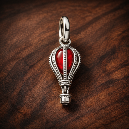 Hot Air Balloon Murano Glass Dangle Charm — display on walnut