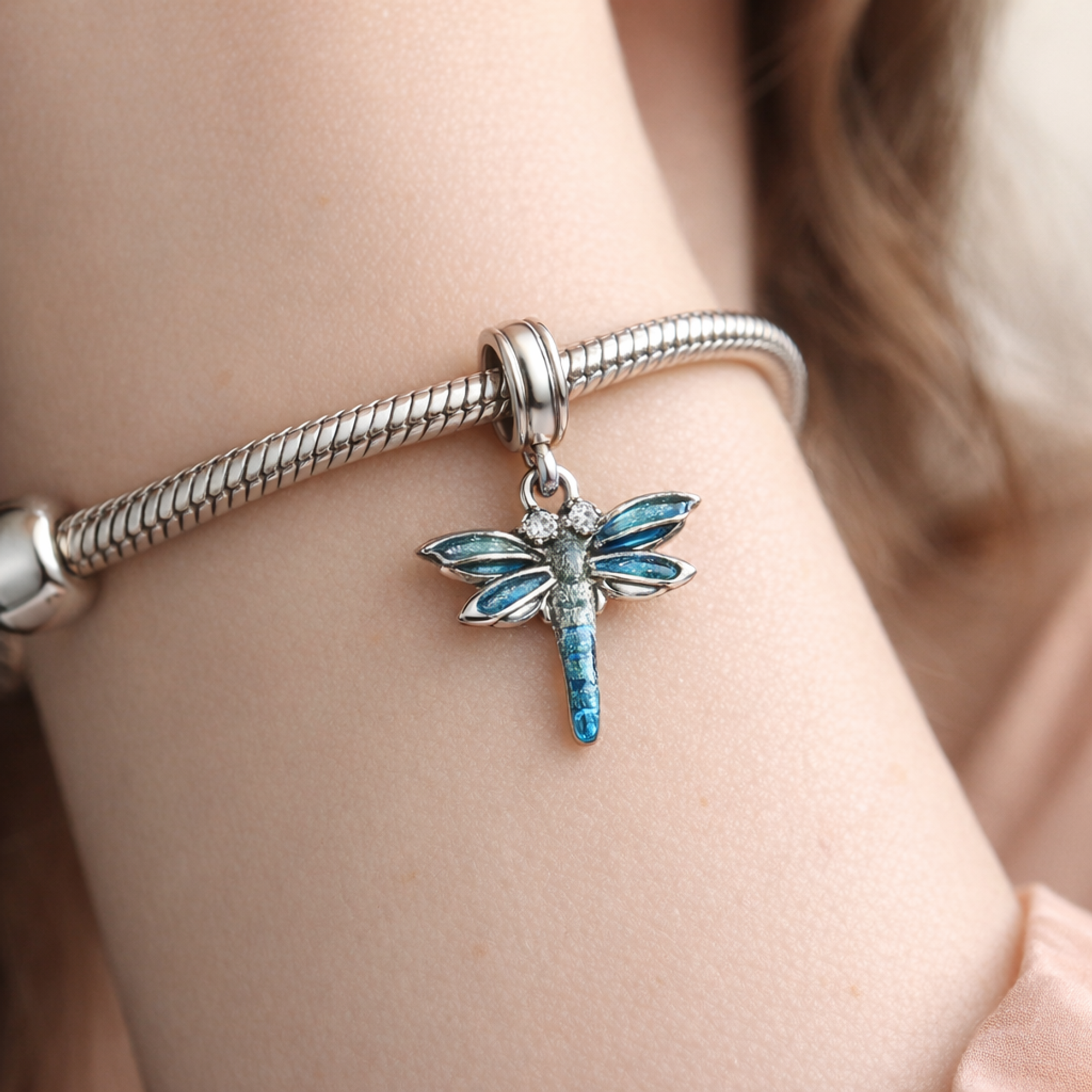 Dragonfly Double Dangle Charm — worn on wrist