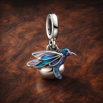 Hummingbird Double Dangle Charm - ZZ1883_2 — display on walnut