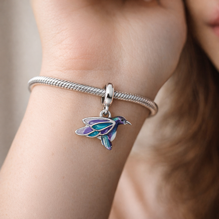 Hummingbird Double Dangle Charm - ZZ1883_2 — worn on wrist