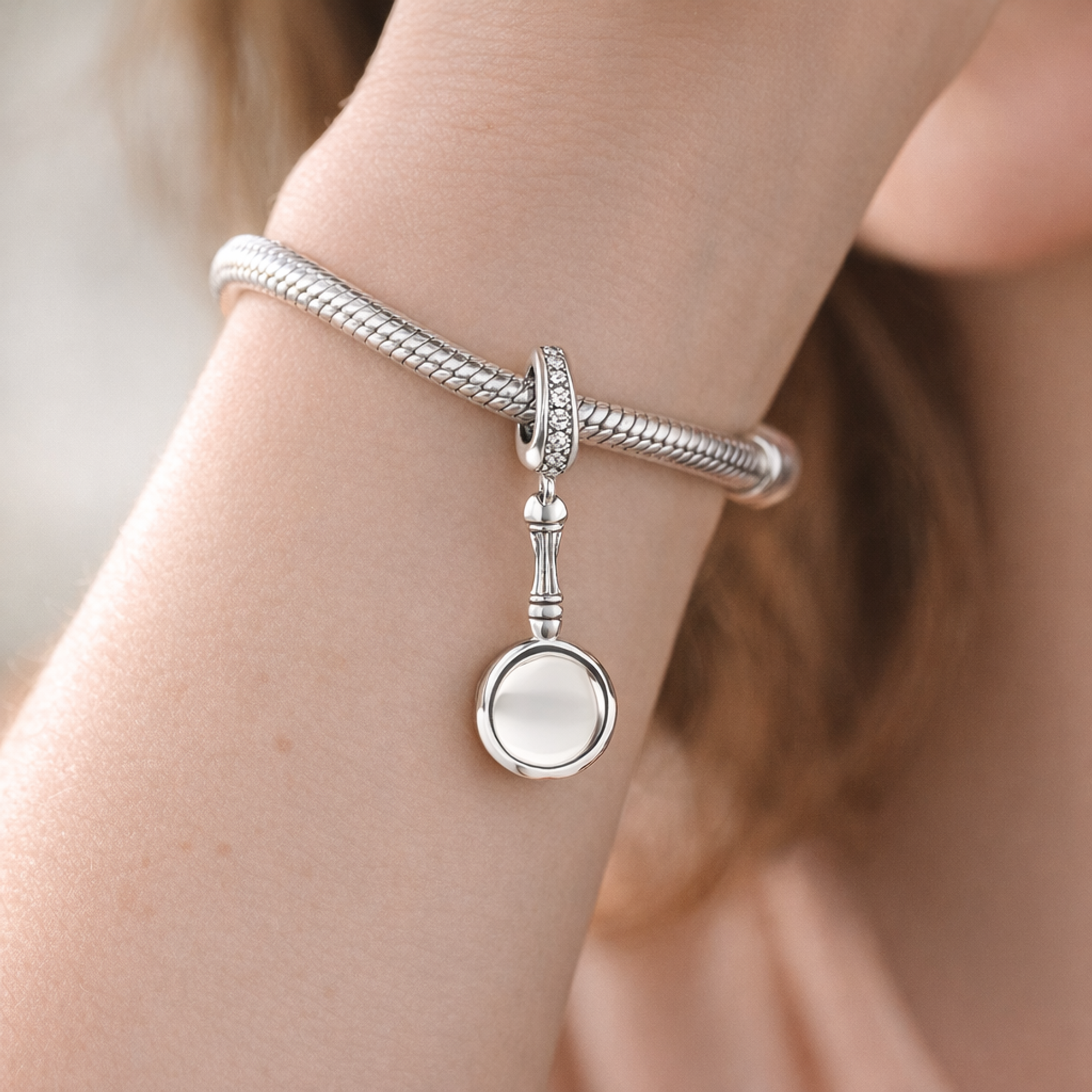 Silver Ring Dangle Charm - Silver Ring Dangle Charm — worn on wrist