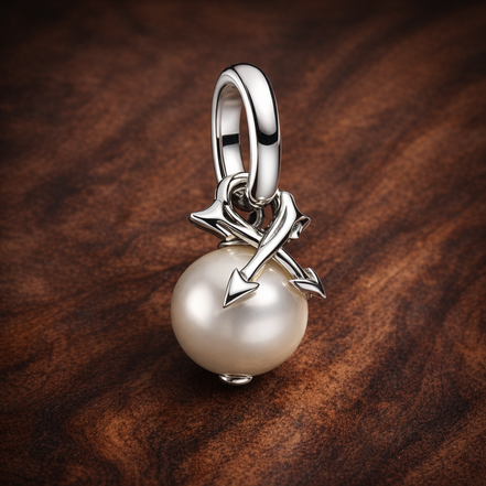 Pearl & Arrows Mini Dangle Charm — display on walnut