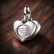 Engravable Heart Magnifying Glass Double Dangle Charm — display on walnut