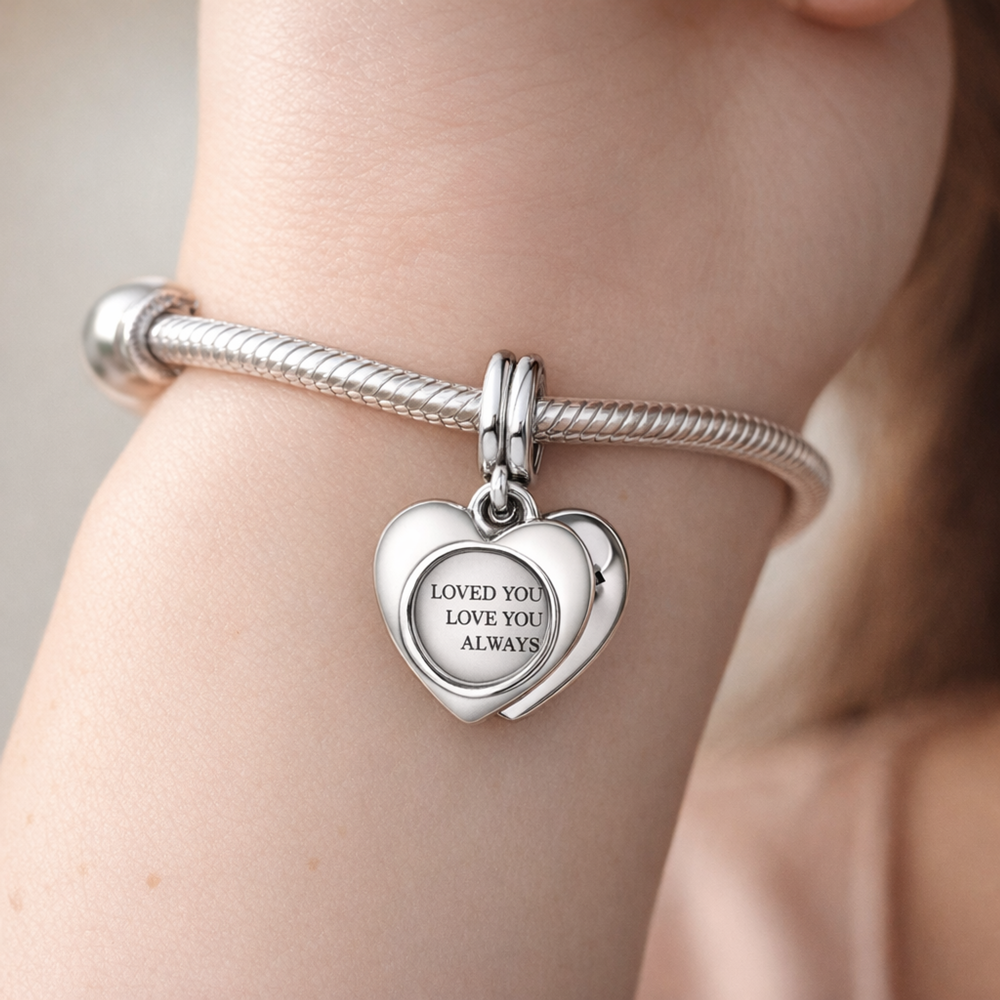 Engravable Heart Magnifying Glass Double Dangle Charm — worn on wrist