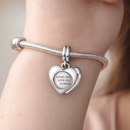 Engravable Heart Magnifying Glass Double Dangle Charm — worn on wrist