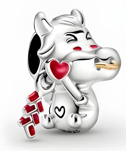 Sterling Silver Dragon Character Charm with Red Enamel Heart and Firecrackers