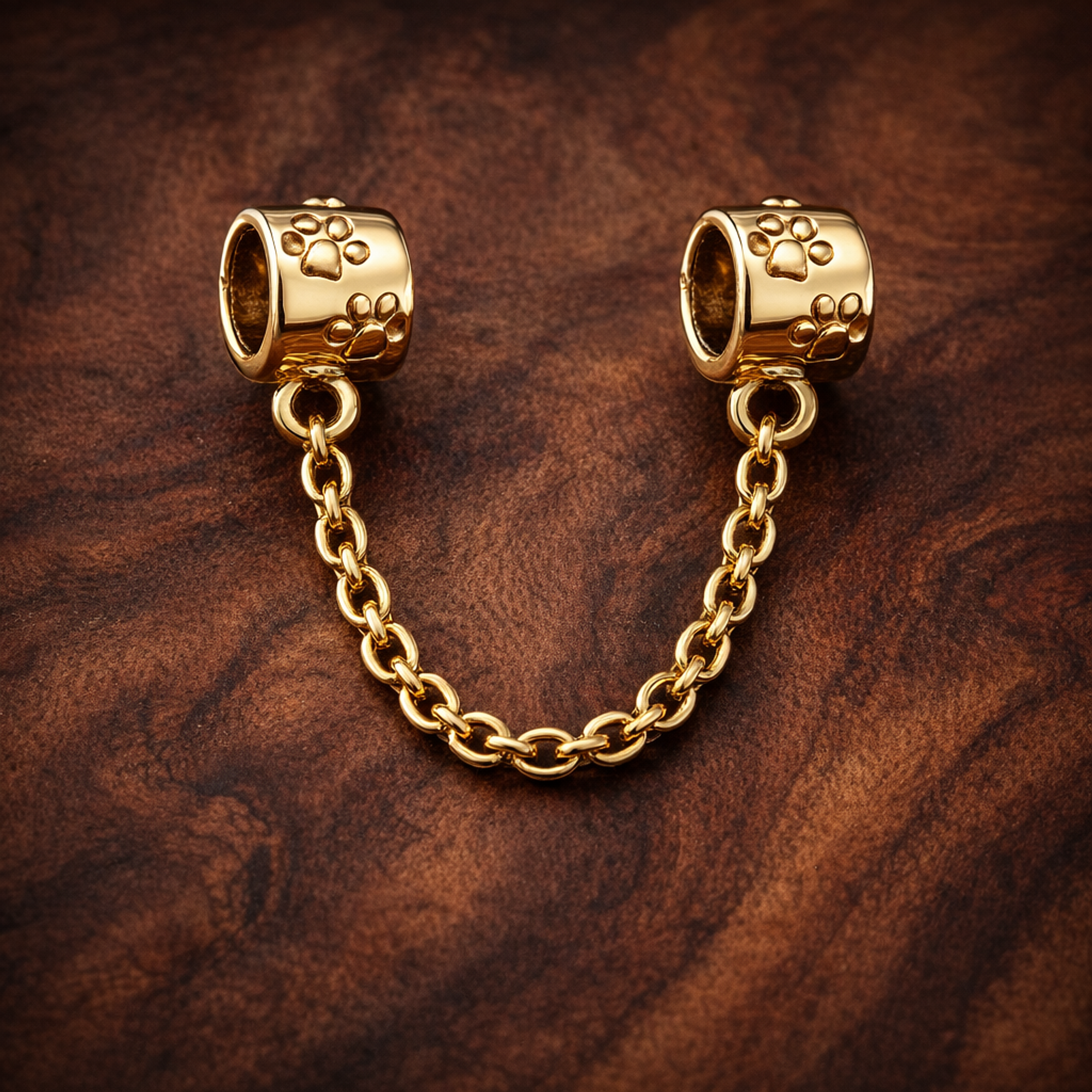 Gold Plated Chain Safety Charm - Gold Plated Chain Safety Charm — display on walnut