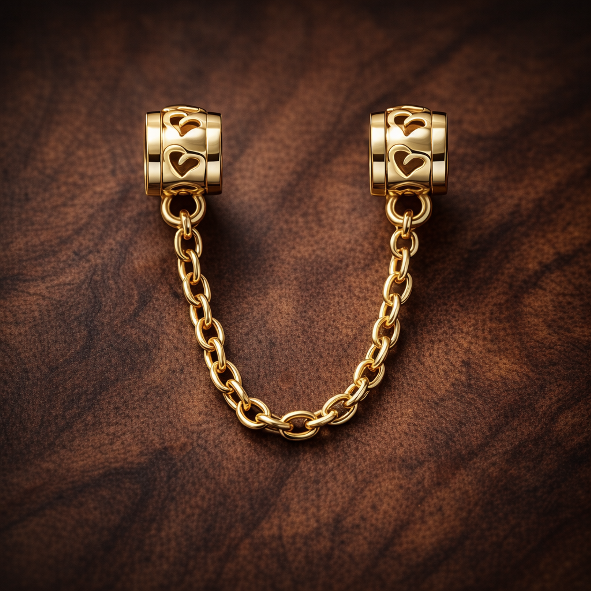 Gold Plated Pave Safety Chain Charm - Gold Plated Pave Safety Chain Charm — display on walnut