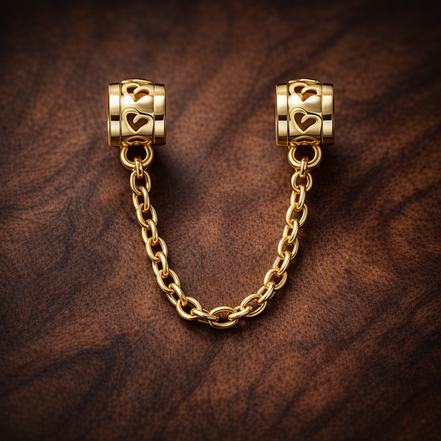 Gold Plated Pave Safety Chain Charm - Gold Plated Pave Safety Chain Charm — display on walnut