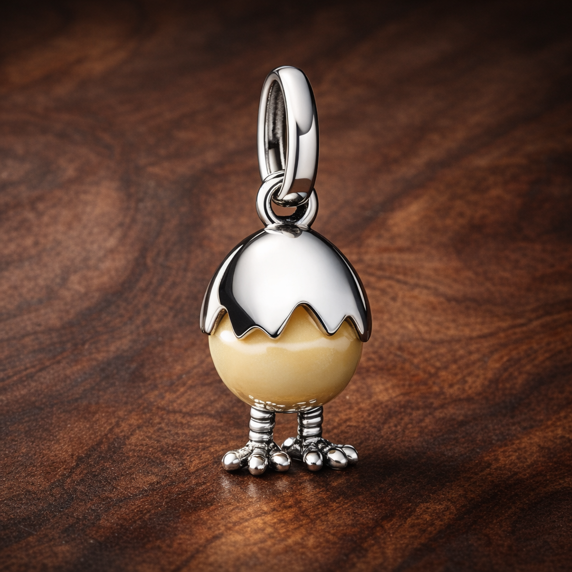 Hatching Chick Dangle - Hatching Chick Dangle Charm — display on walnut