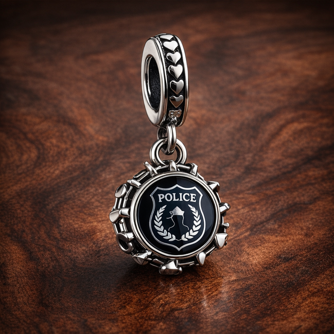 Police Dangle Charm — display on walnut