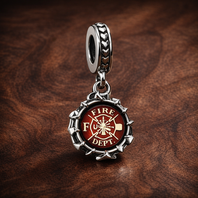Firefighter Dangle Charm — display on walnut