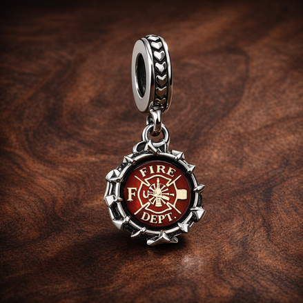 Firefighter Dangle Charm — display on walnut