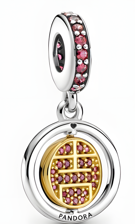Sterling Silver and Gold Plated Double Happiness Symbol Dangle with Pink Stones