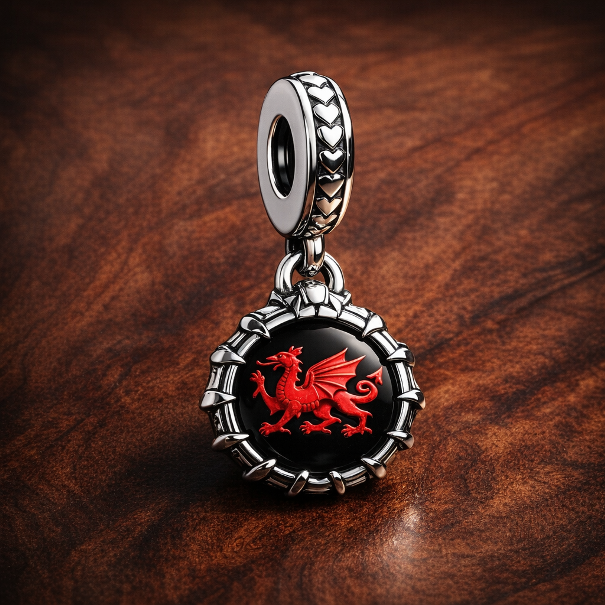 Welsh Dragon Medallion - Welsh Dragon Medallion Charm — display on walnut