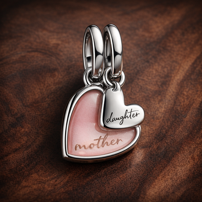 Mother Daughter Heart Charm - Mother Daughter Heart Charm — display on walnut