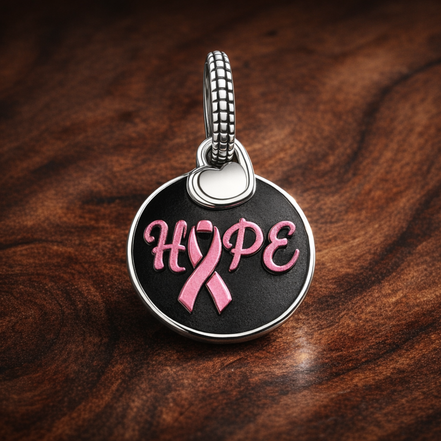 Hope Ribbon Dangle - Hope Ribbon Dangle Charm — display on walnut