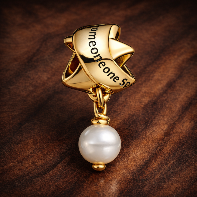 Treated Freshwater Cultured Pearl Ribbon Charm — display on walnut