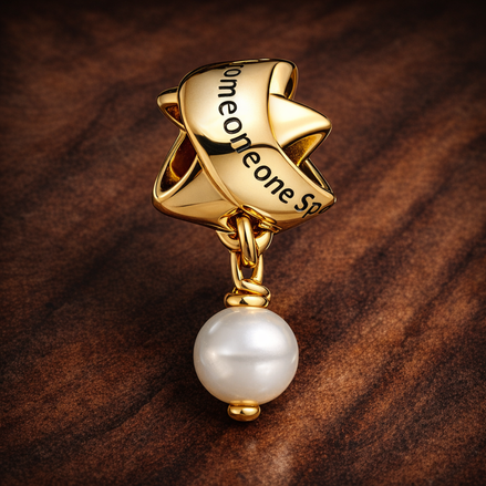 Treated Freshwater Cultured Pearl Ribbon Charm — display on walnut