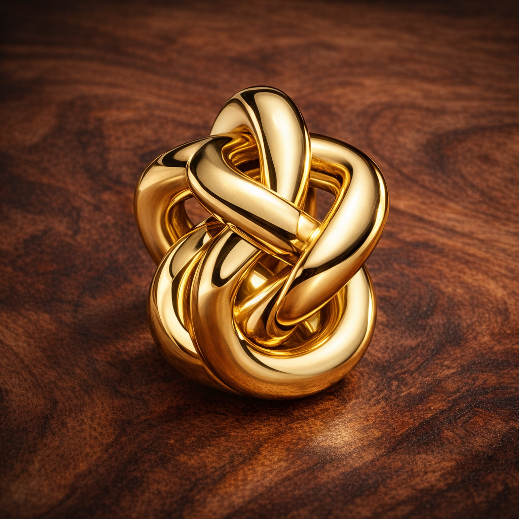 Infinity Knot Charm — display on walnut