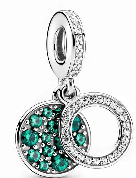 Sterling Silver Green Stone Double Disc Dangle Charm with Sparkling Accents