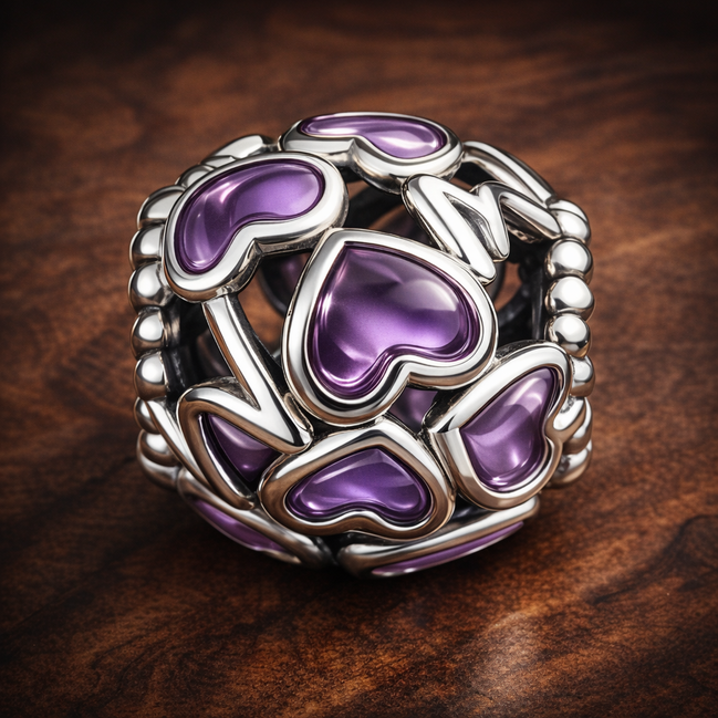 Openwork Hearts Mom Charm — display on walnut