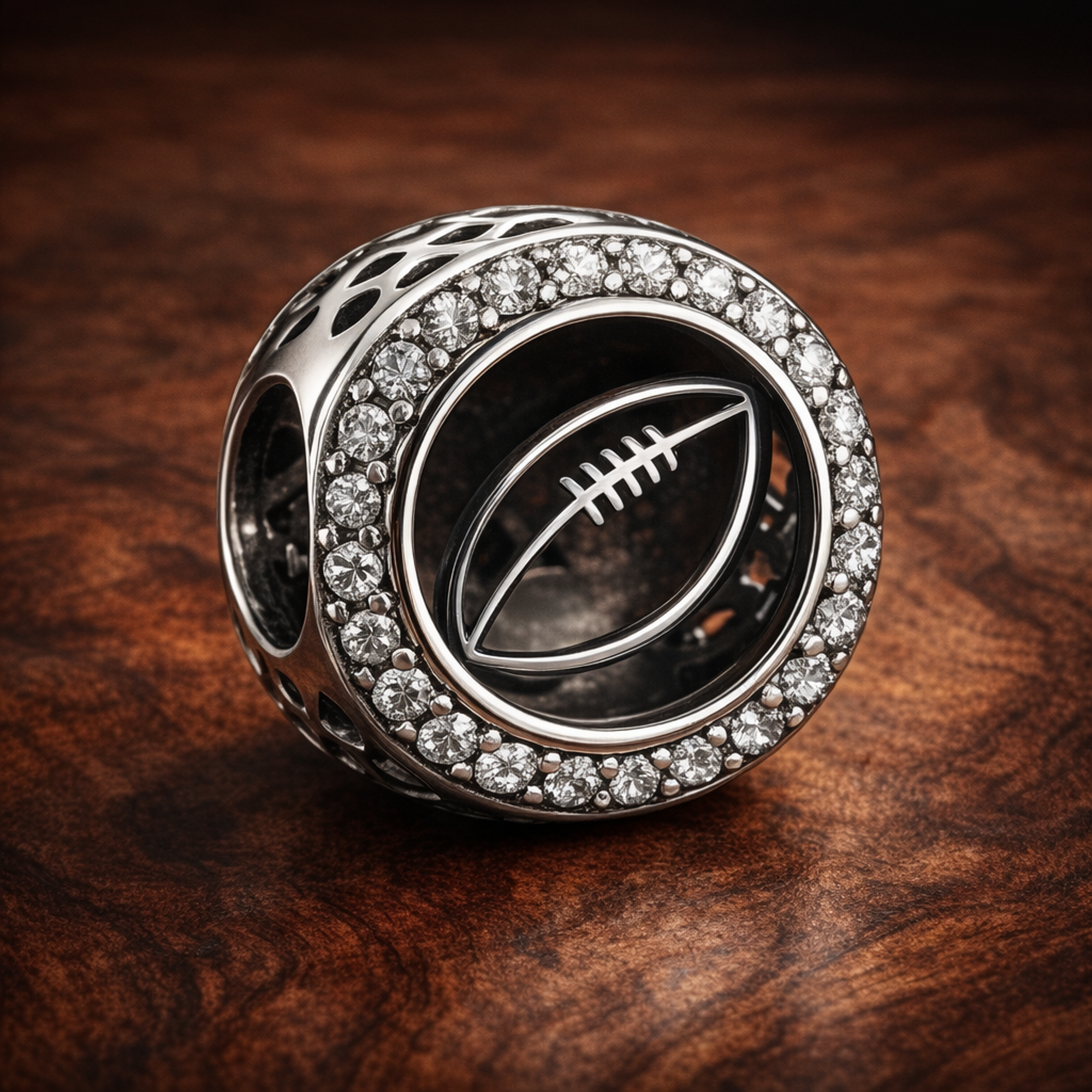 Engravable Football Charm — display on walnut