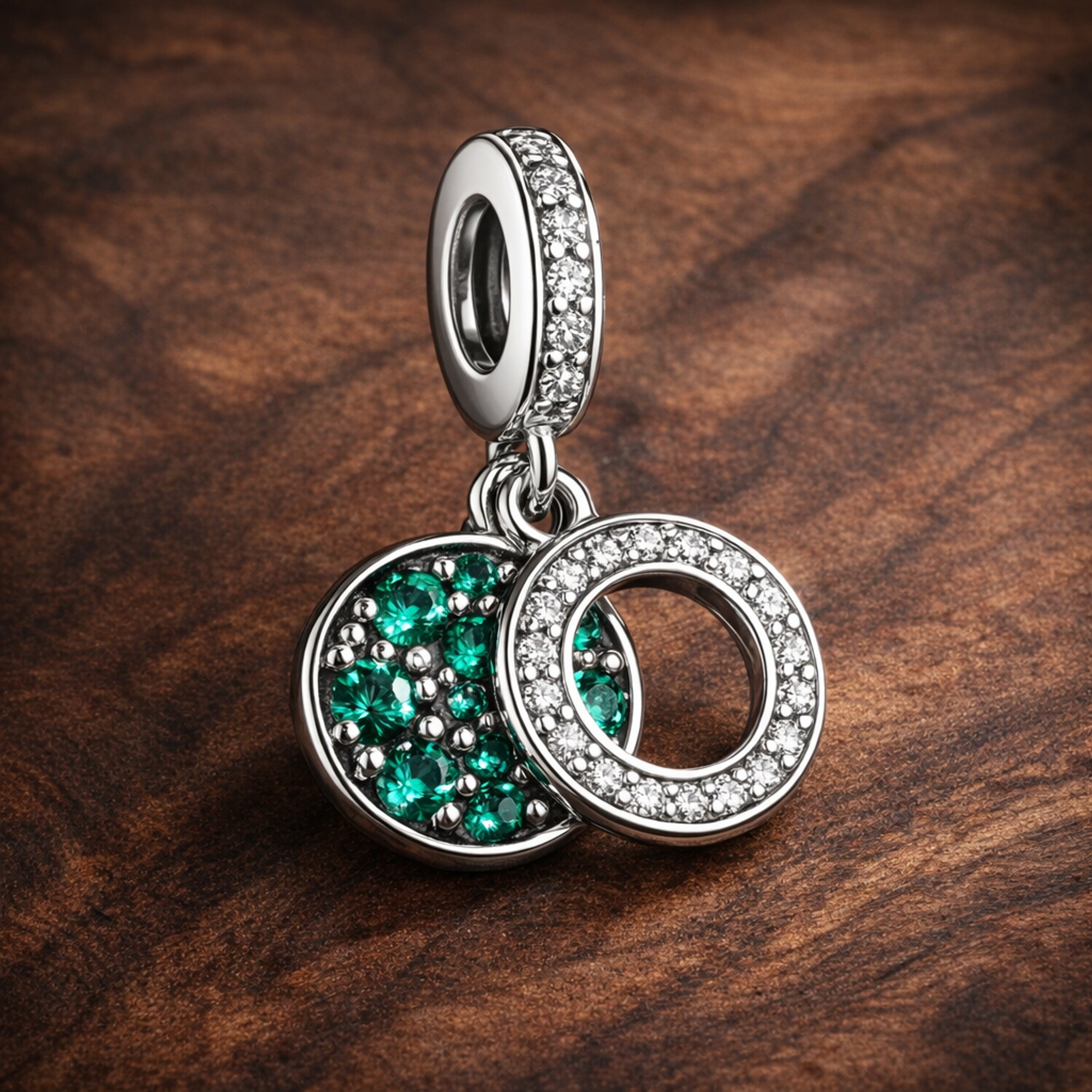 Green Double Circle Dangle - Green Double Circle Dangle Charm — display on walnut
