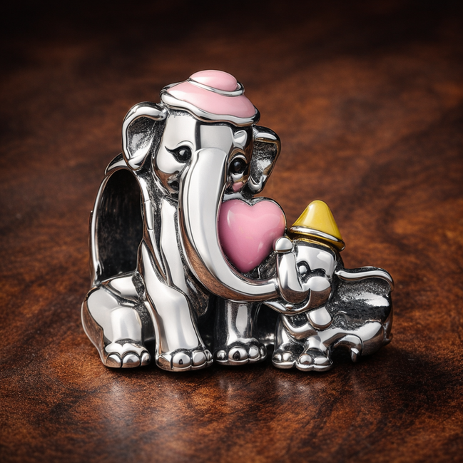 Disney Dumbo & Mom Charm — display on walnut