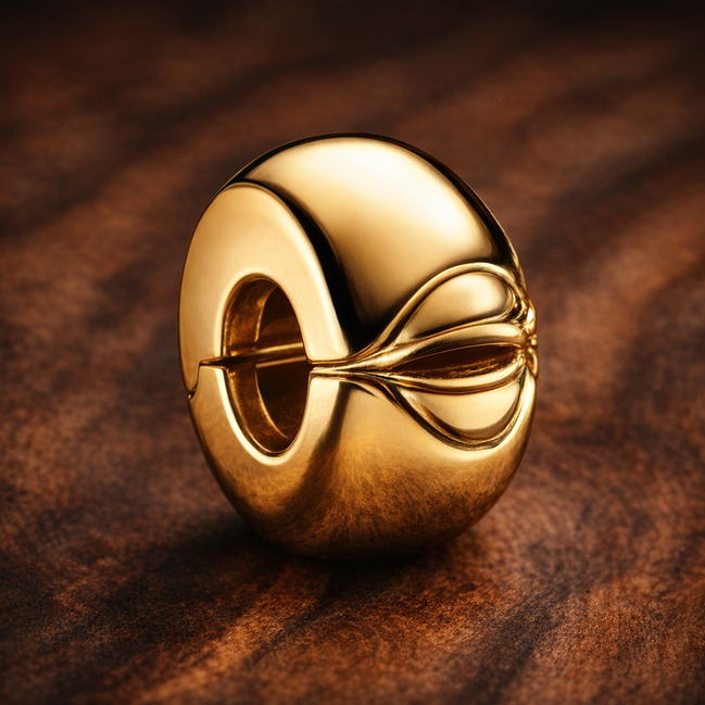 Round Clip Charm — display on walnut