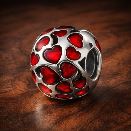Red Heart Confetti Charm - Red Heart Confetti Charm — display on walnut