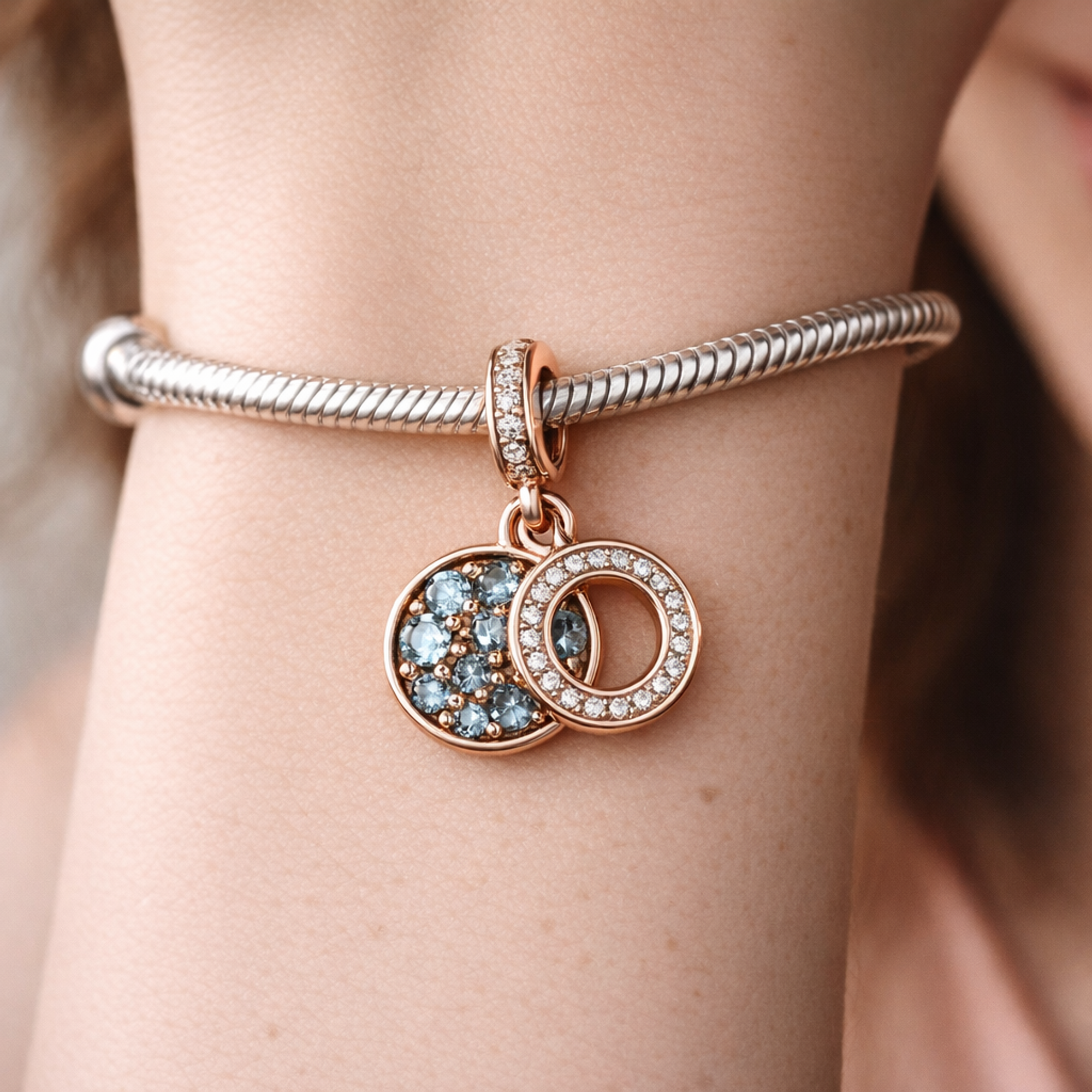 Rose Gold Plated Double Circles - Rose Gold Plated Double Circles Charm — worn on wrist
