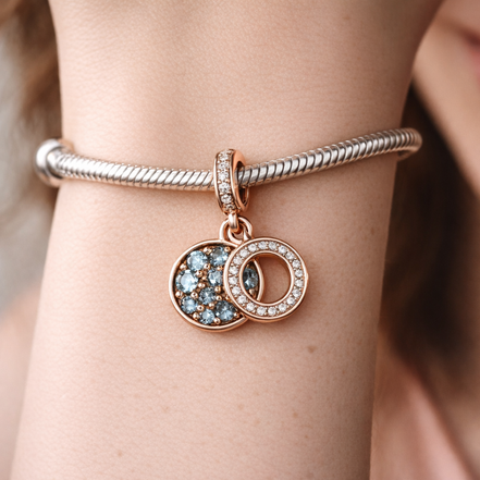 Rose Gold Plated Double Circles - Rose Gold Plated Double Circles Charm — worn on wrist