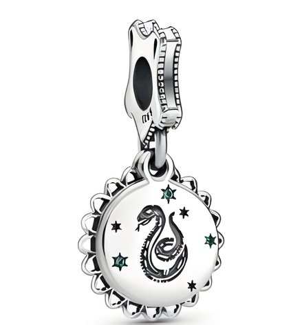 Sterling Silver Snake Medallion Dangle Charm with Green Enamel Star Accents