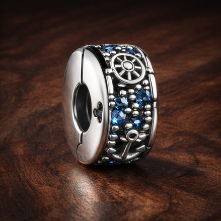 Blue Gear Star Bead - Blue Gear Star Bead Charm — display on walnut