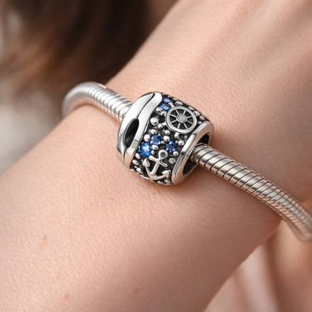 Blue Gear Star Bead - Blue Gear Star Bead Charm — worn on wrist