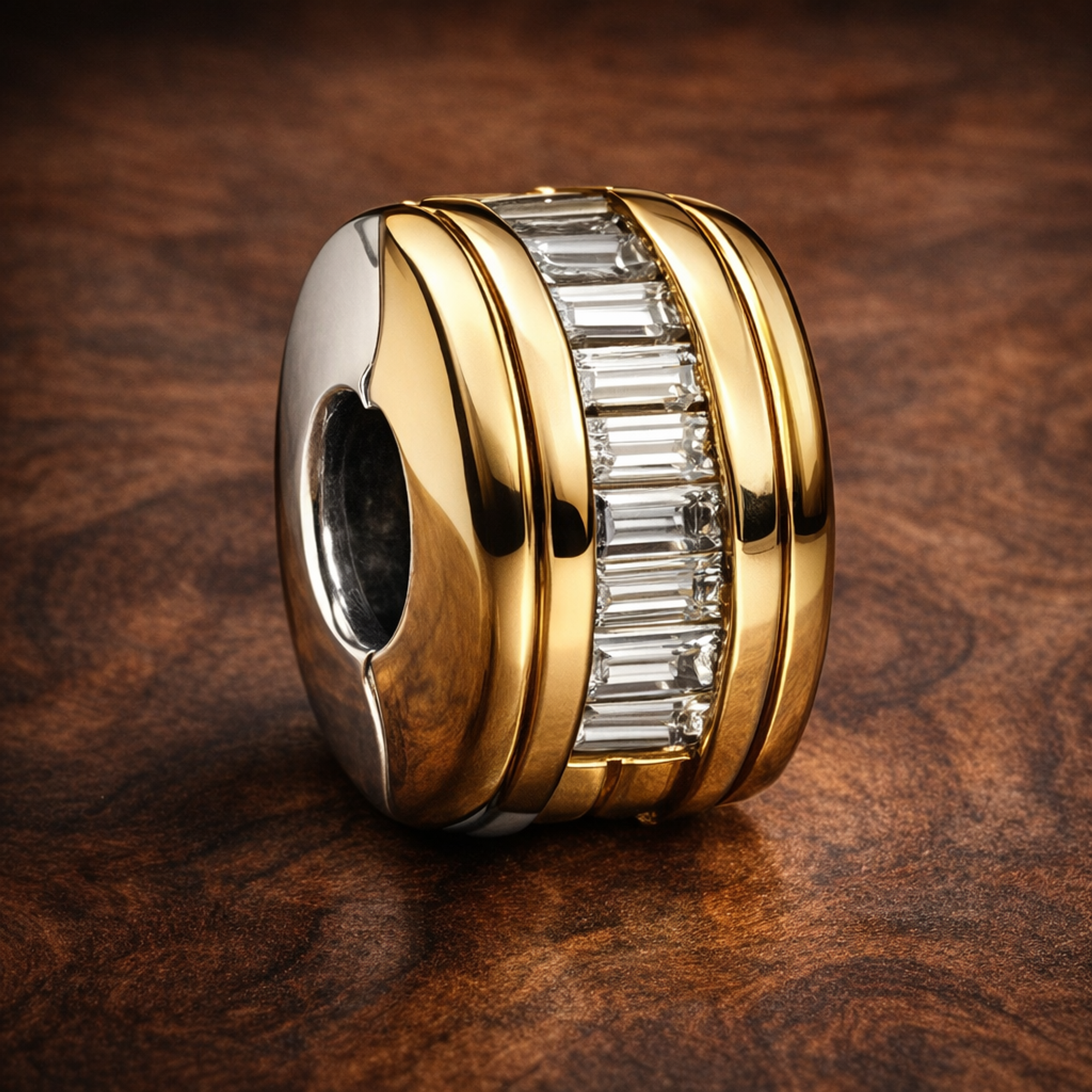 Gold Plated Baguette Stripe Spacer - Gold Plated Baguette Stripe Spacer — display on walnut
