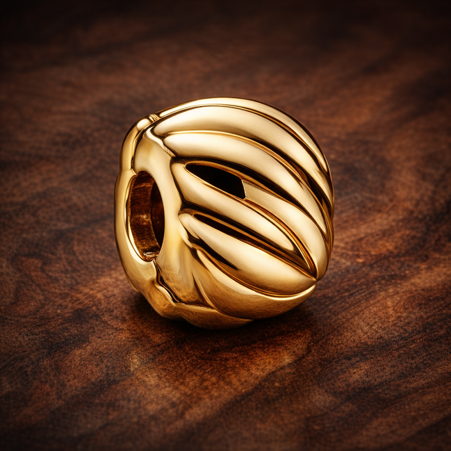 Gold Plated Ribbed Melon Charm - Gold Plated Ribbed Melon Charm — display on walnut