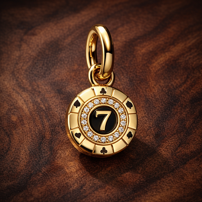 Lucky Chip Dangle Charm — display on walnut