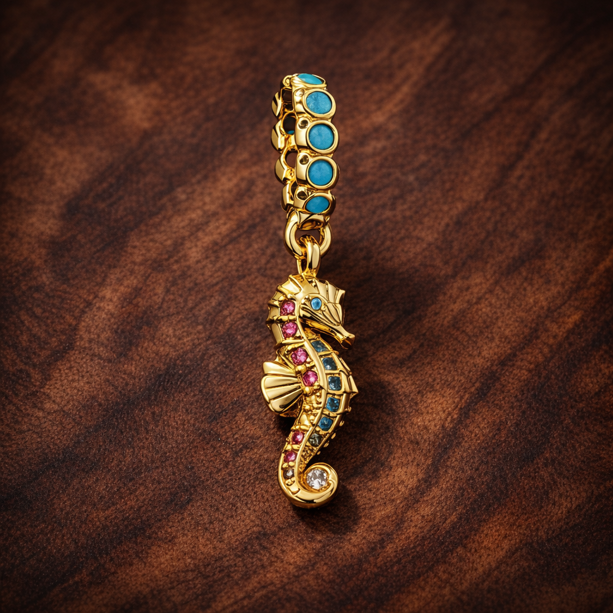 Seahorse Dangle Charm — display on walnut