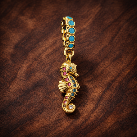 Seahorse Dangle Charm — display on walnut