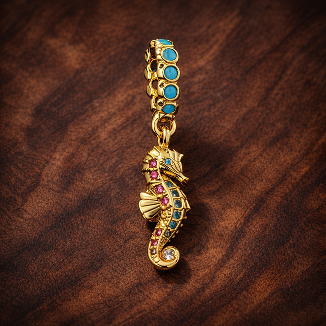 Seahorse Dangle Charm — display on walnut