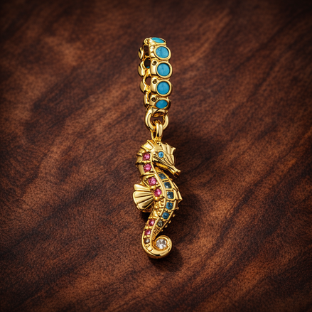 Seahorse Dangle Charm — display on walnut