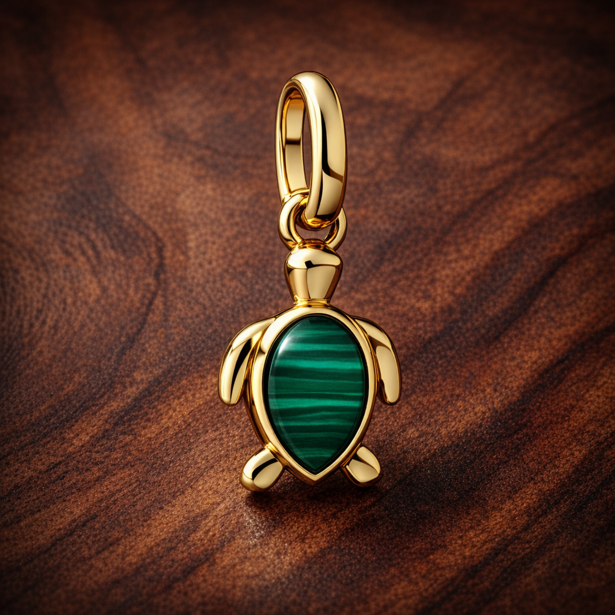 Green Turtle Charm - Green Turtle Charm — display on walnut