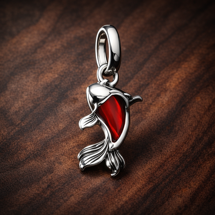 Red Murano Glass Koi Fish Mini Dangle Charm — display on walnut