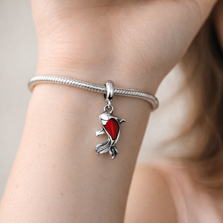 Red Murano Glass Koi Fish Mini Dangle Charm — worn on wrist