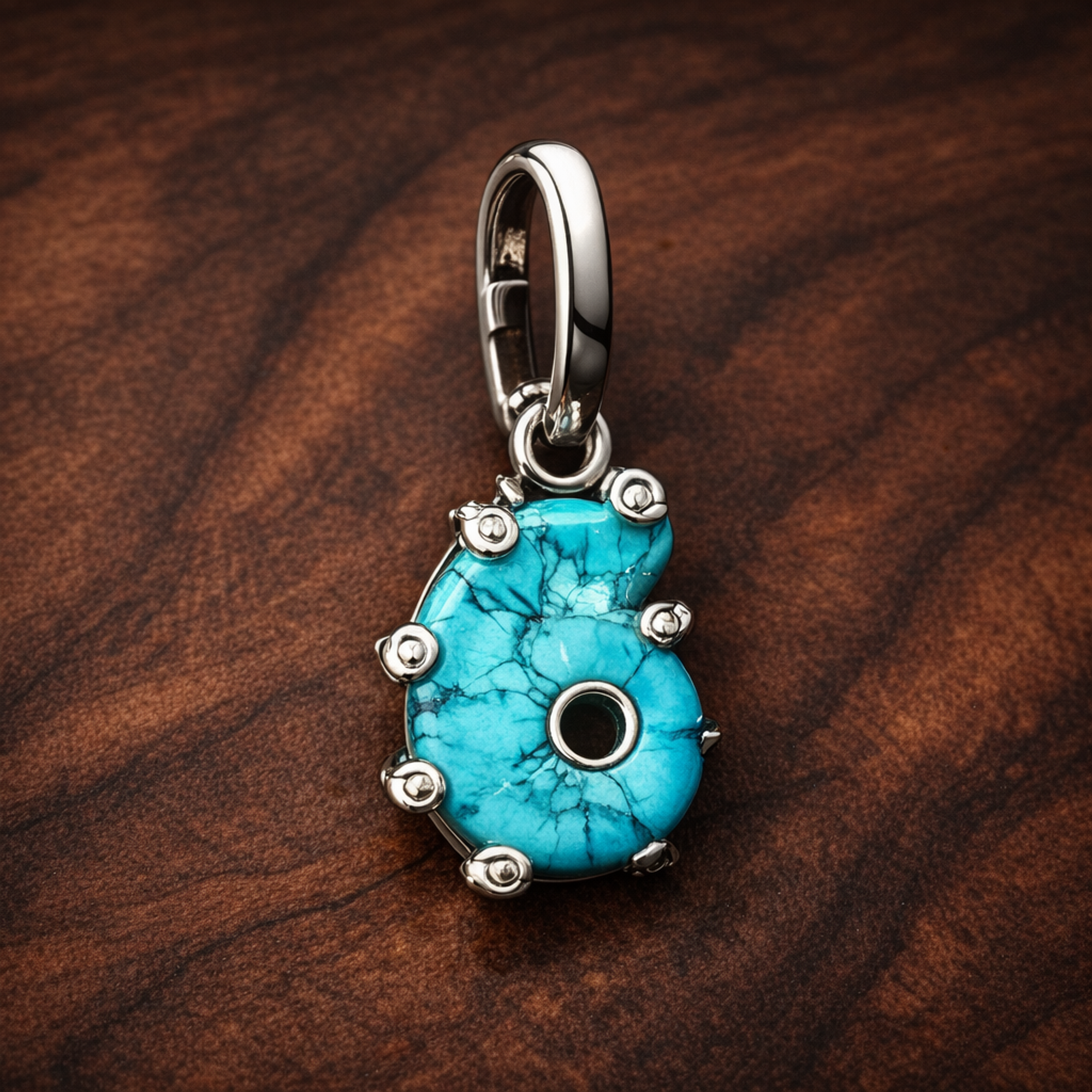 Turquoise Flower Charm - Turquoise Flower Charm — display on walnut