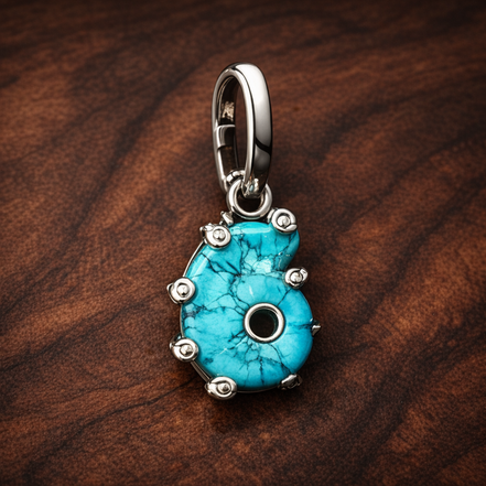Turquoise Flower Charm - Turquoise Flower Charm — display on walnut