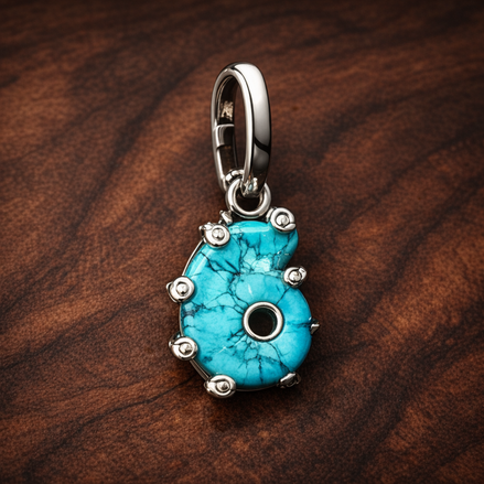 Turquoise Flower Charm - Turquoise Flower Charm — display on walnut
