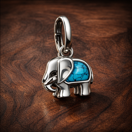 Turquoise-colored Elephant Mini Dangle Charm — display on walnut